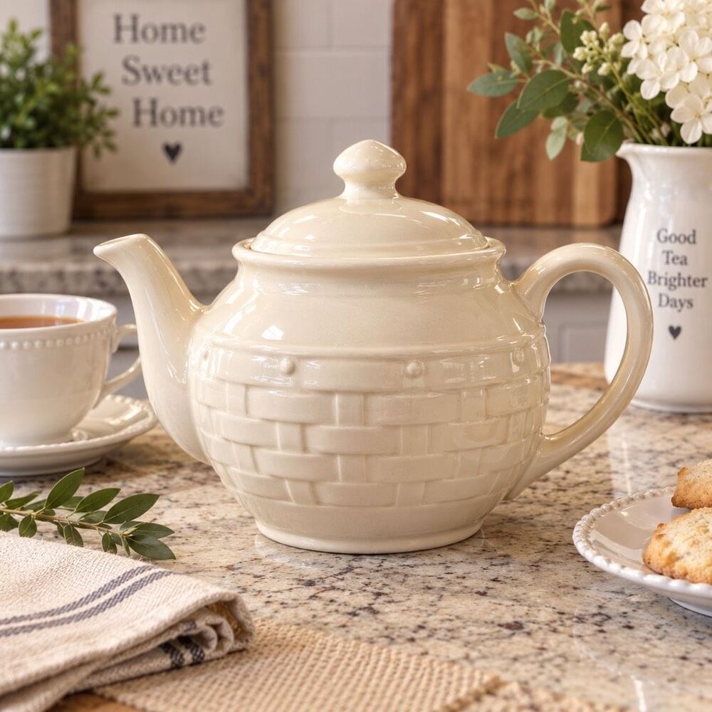Longaberger Woven Traditions Ivory Teapot 36 Oz USA 39861 Original Box